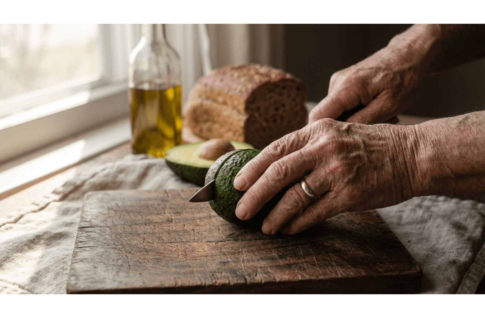 Close-up of elderly hands slicing a fresh avocado on a wooden board with olive oil and bread in the background.