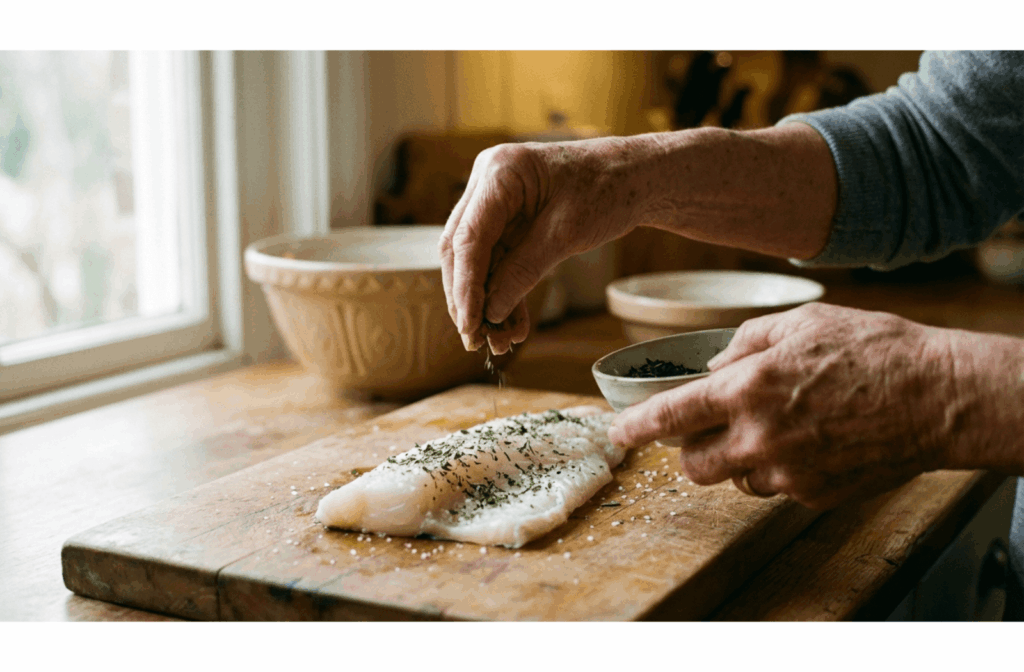 Elderly person seasoning a fresh fish fillet with herbs in a sunlit kitchen, focusing on hands and ingredients.