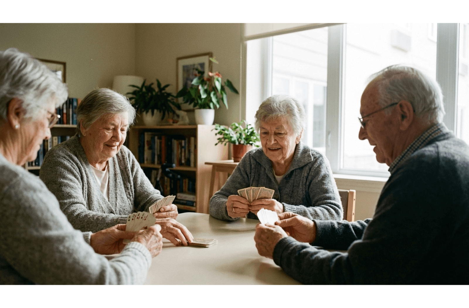 Three older adults playing a card game at a table in a sunlit room, wearing casual knit clothing and focusing on their cards.