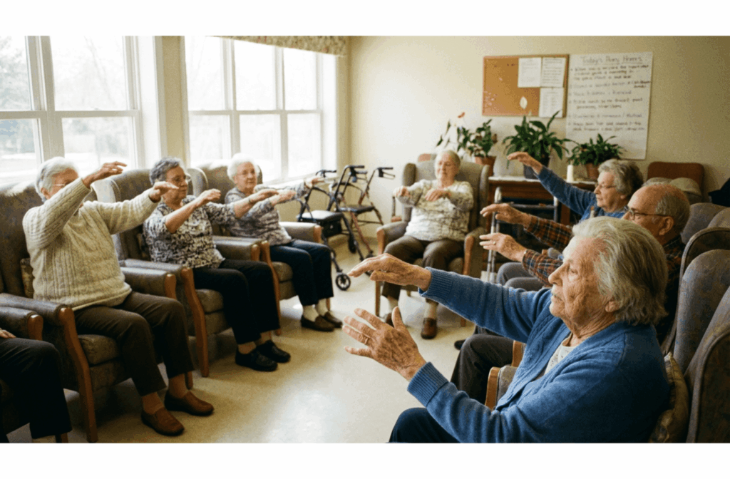 Group of older adults seated in a circle performing gentle arm stretches during a wellness class in a bright community room.
