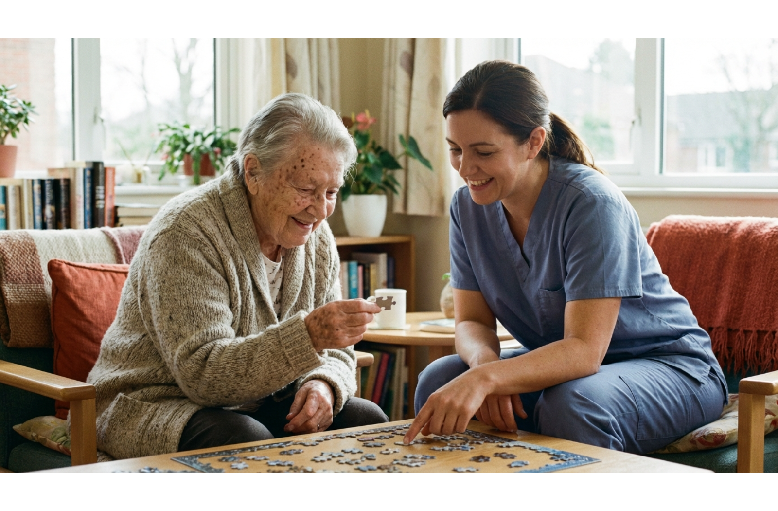 A carer in scrubs kneels beside a seated senior helping them with a puzzle in a sunlit room.