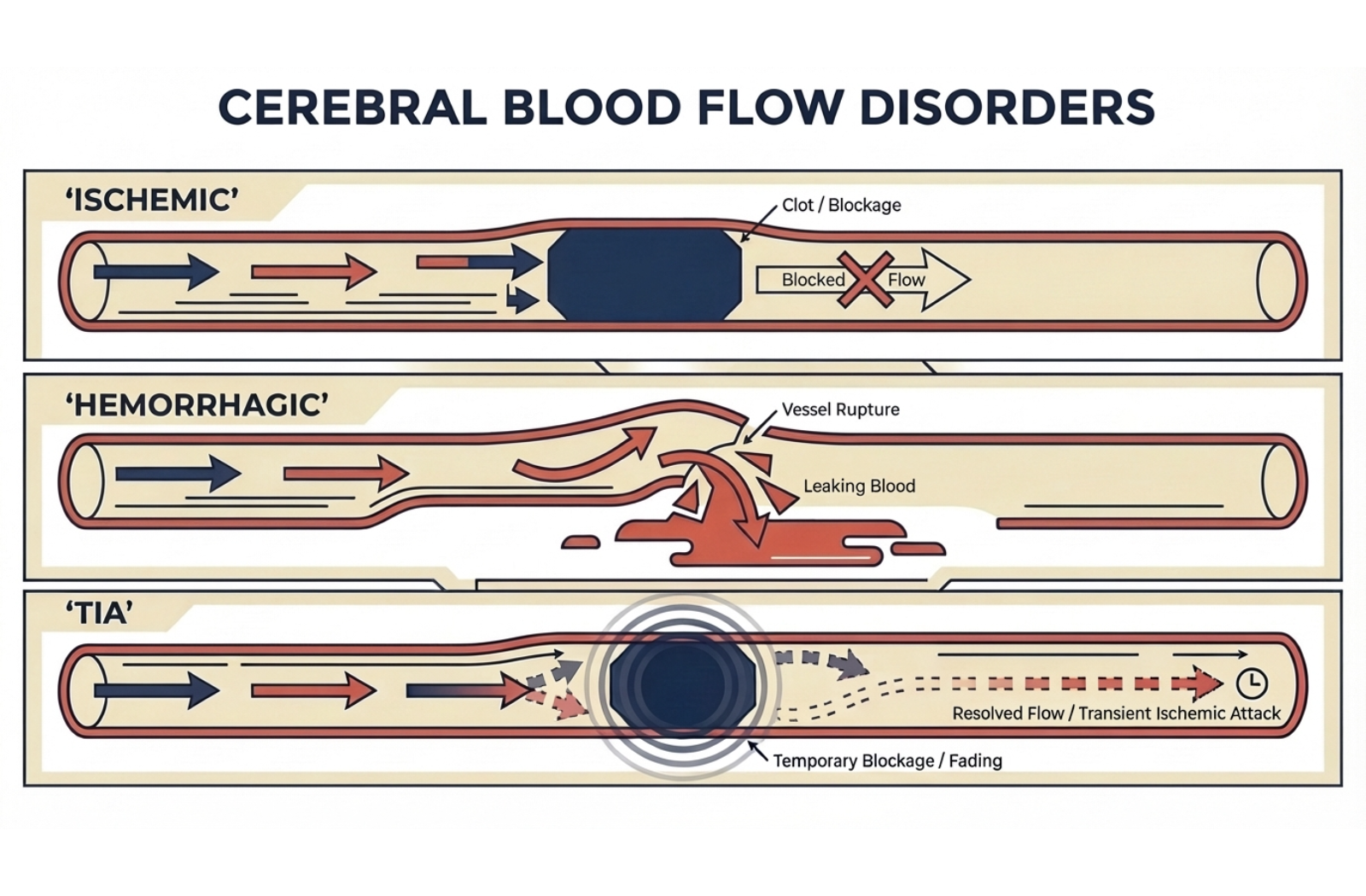 Medical diagram illustrating the differences between ischemic blockage, hemorrhagic rupture, and temporary TIA strokes.