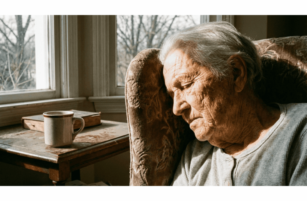 An elderly person sleeps in a chair by a window during the day, appearing lethargic with an untouched cup of tea nearby.
