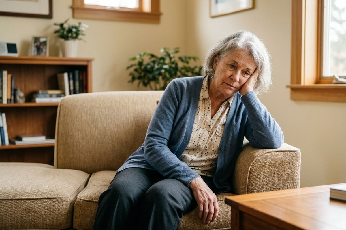 Older adult sitting on a beige sofa, resting head on hand with a sad expression, in a living room with bookshelf.