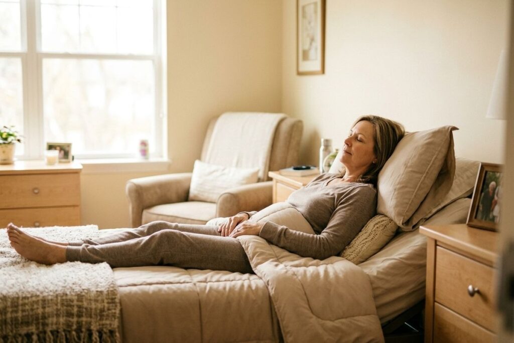 Adult resting with eyes closed on an adjustable bed in a sunlit bedroom, hands folded, beside a chair and window.
